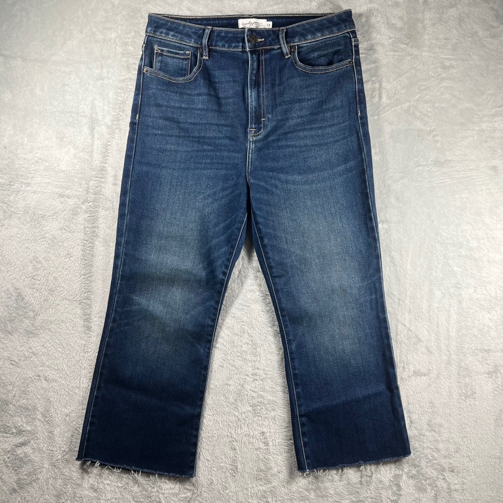 Carly Jean Los Angeles Kate Cropped Flare Jeans Size 13 Blue High Rise Raw Hem